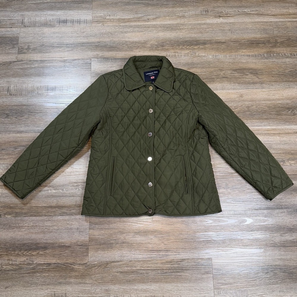 London Fog Quilted Jacket Women's Large Long Sleeve Dark Green Stylish Classic
